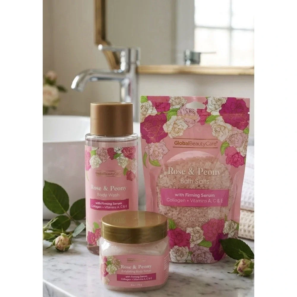 Rose & Peony Body Wash, Bath Salt, Body Scrub Bath Body Spa Set/3